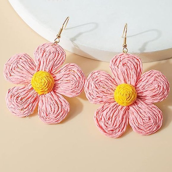 3" Pink & Yellow Raffia Flowers Oversized Statement Earrings Wicker Flower New - Picture 2 of 4